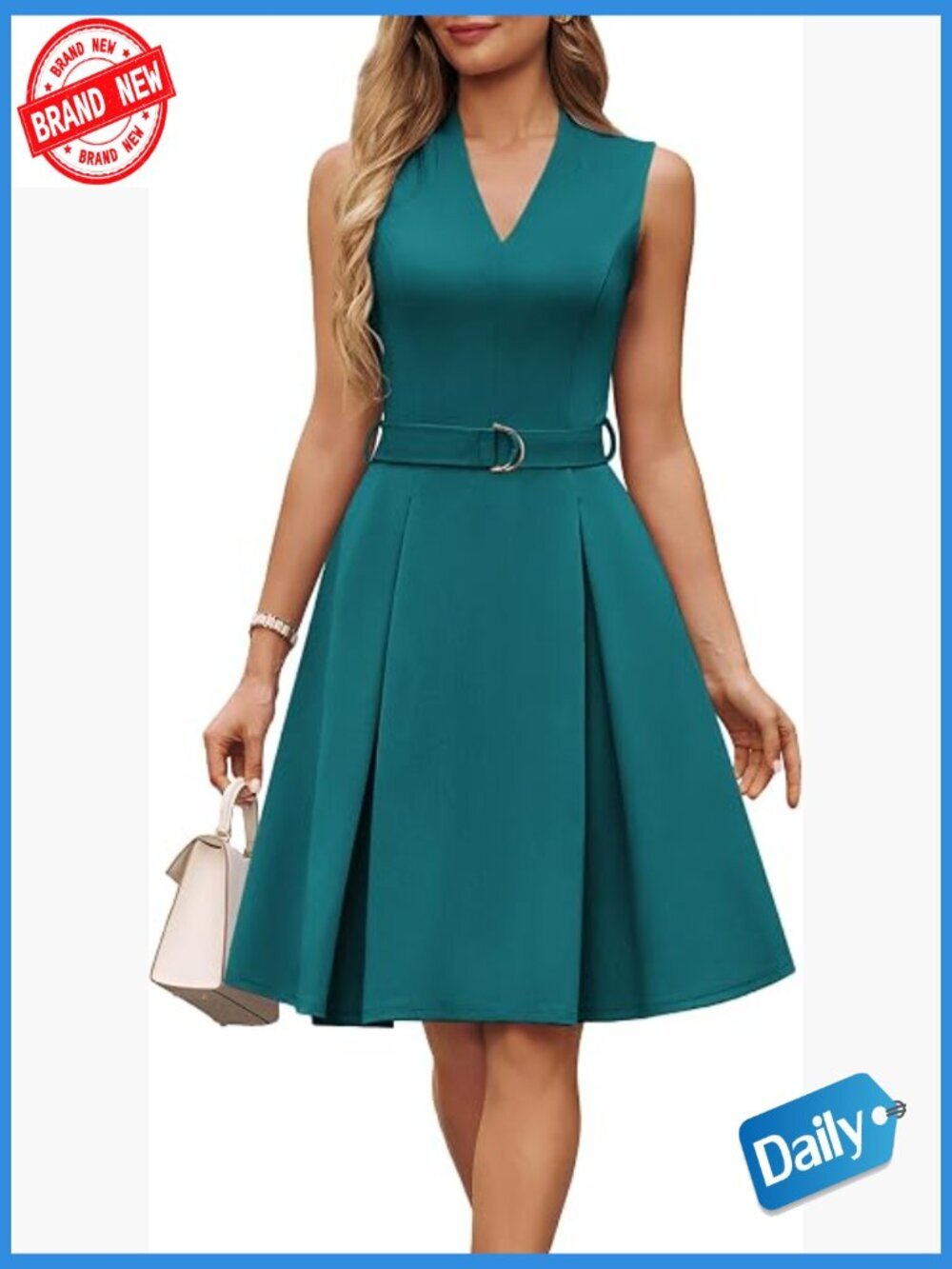 Women's Fit and Flare Midi Dress with Pockets V-Neck Sleeveless Office Church